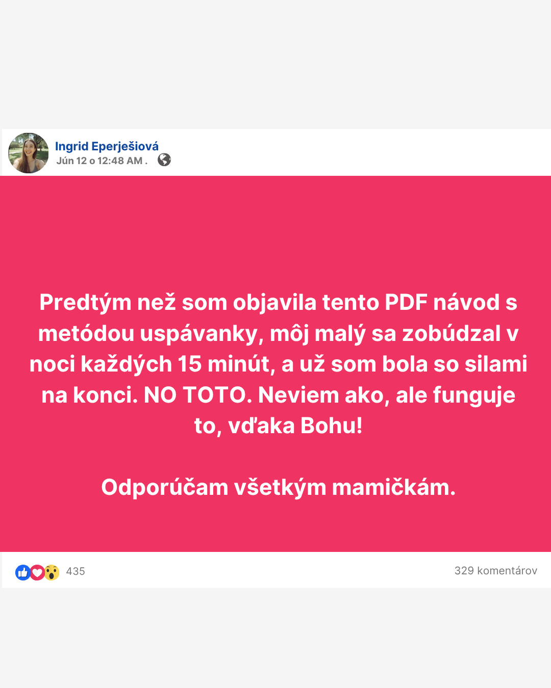 Recenzia mamičky Ingrid na Facebooku o PDF návode s metódou uspávanky